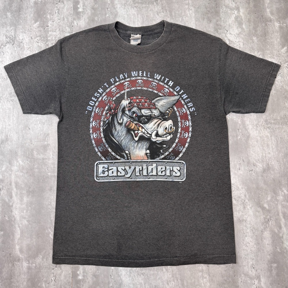 Vintage Easyriders Hog T-Shirt Mens Large Gray Distressed Faded Biker Motorcycle
